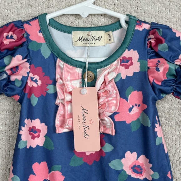 Boutique Infant Girls 0-3 Month Blue Floral Romper Ruffle Button Snap‎ Closure - Picture 5 of 6